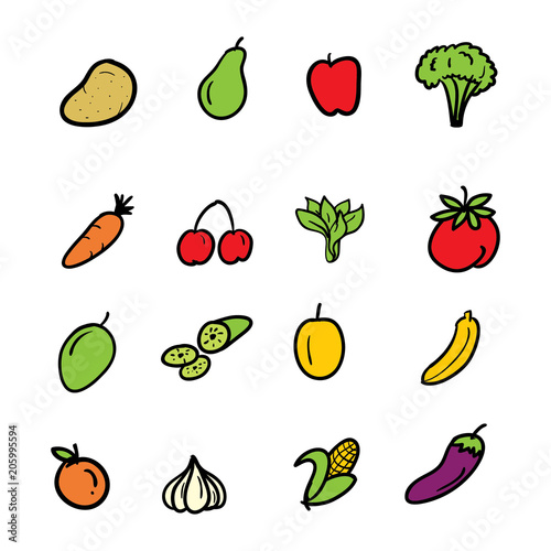 Fototapeta Naklejka Na Ścianę i Meble -  hand drawn doodle fruits and vegetables icon set vector illustration