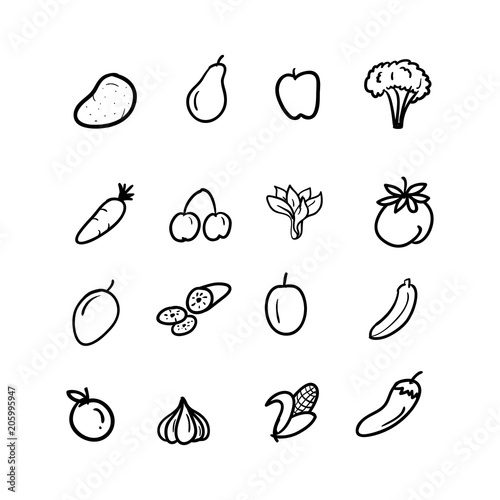 hand drawn doodle fruits and vegetables icon set vector illustration