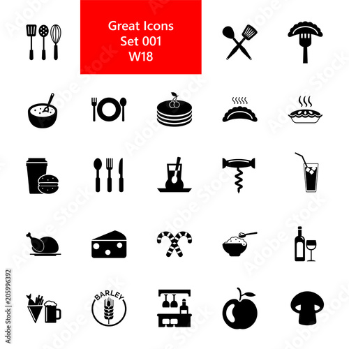 Eating and cooking icon set. Bar and restaurant collection