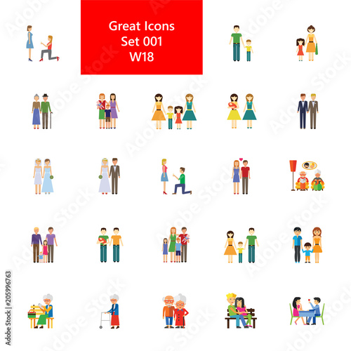 Human relationships, couple and family icon set