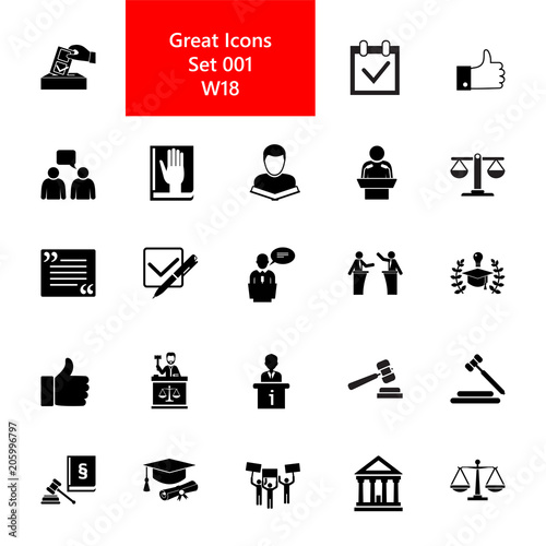 Jurisprudence icon set. Juridical system and court collection