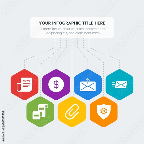 Flat geometric security, email, shopping infographic steps template with 7 options for presentations, advertising, annual reports