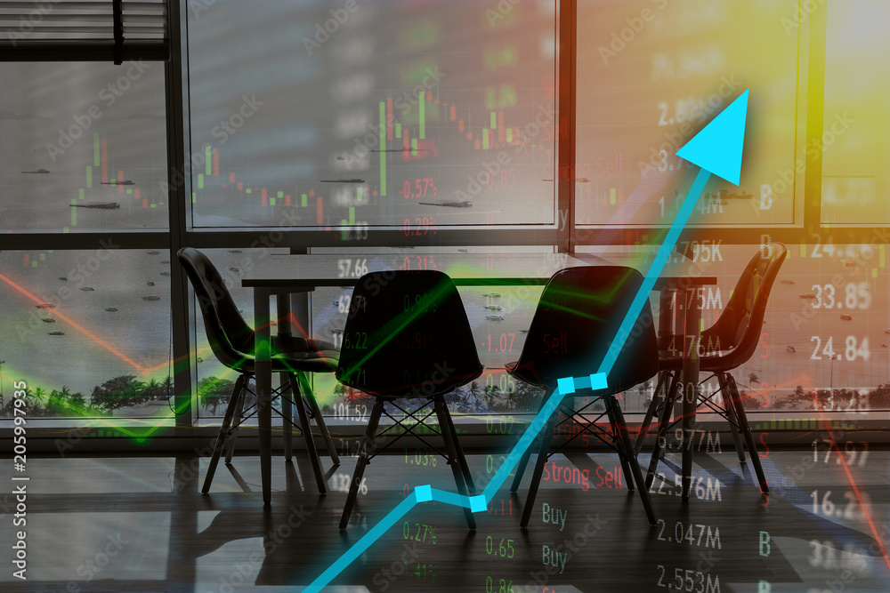 Stock market investment graph for profit.  Candles chart with rising arrow for business and financial gain on wall street.  Conceptual market intelligence.