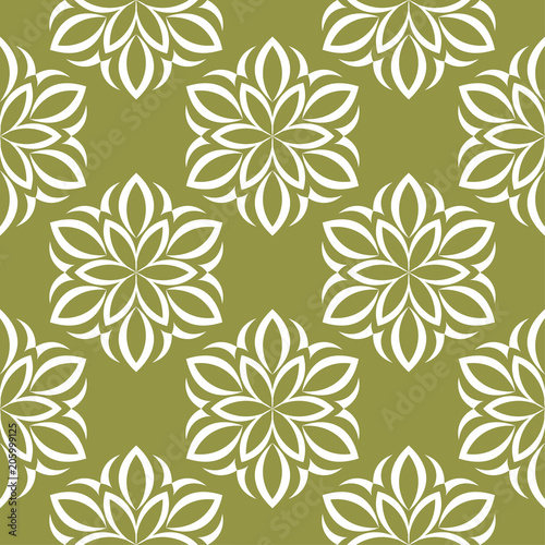 White flowers on olive green background. Ornamental seamless pattern