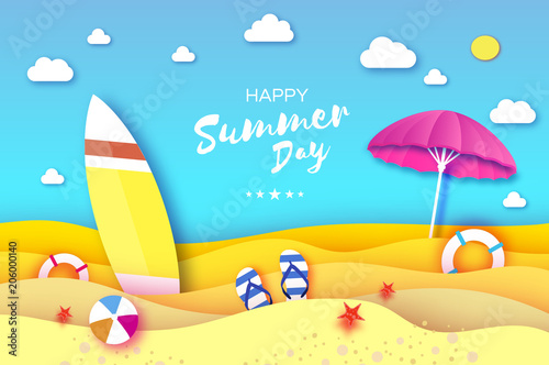 Surfboard. Pink parasol - umbrella in paper cut style. Origami sea and beach with lifebuoy. Sport ball game. Flipflops shoes. Vacation and travel concept. Square frame Space for text. Summertime.