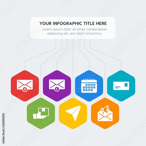 Flat geometric security, email, shopping infographic steps template with 7 options for presentations, advertising, annual reports