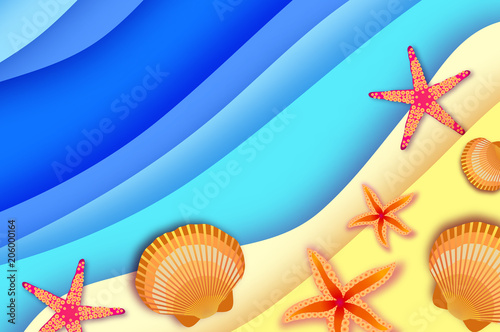 Origami clam mollusc shells. Exotic Wave and sand in Paper cut art. Text. Summer Sale.. Special offer. Poster Flyer. Top view.