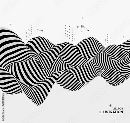 Black and white design. Pattern with optical illusion. Abstract 3D geometrical background. Vector illustration.
