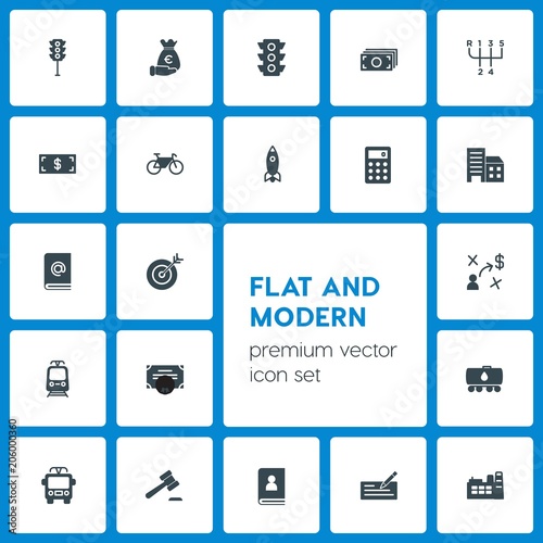 Modern Simple Set of business, transports, industry, money Vector fill Icons. Contains such Icons as law, contact,  diesel,  cash,  aim,  oil and more on dark background. Fully Editable. Pixel Perfect