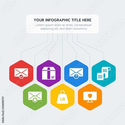 Flat geometric security, email, shopping infographic steps template with 7 options for presentations, advertising, annual reports