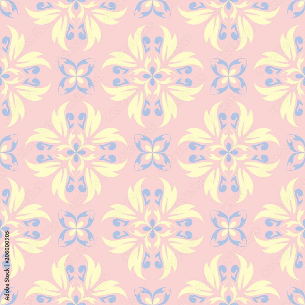 Floral seamless pattern. Pale pink background with light blue and yellow flower elements Floral seamless pattern. Pale pink background with light blue and yellow flower elements