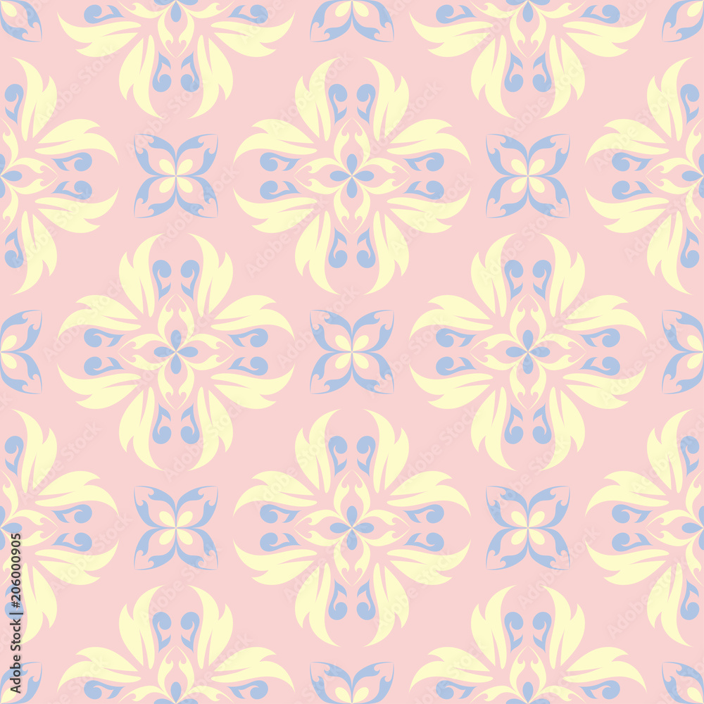 Floral seamless pattern. Pale pink background with light blue and yellow flower elements