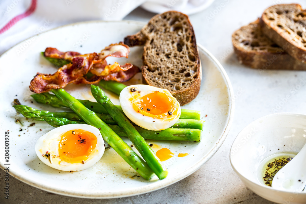 Bacon ,Seared Asparagus and Soft boiled egg with Rye bread
