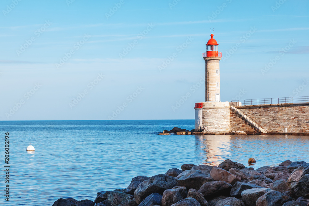 Ancient lighthouse in Bastia, Corsica, France. Beautiful sea landscape