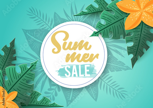 Summer sale  banner with tropical flowers and leaves. Vector