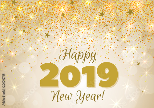 Happy New Year 2019 greeting banner. Festive background with colorful confetti, party popper and sparkles. Vector