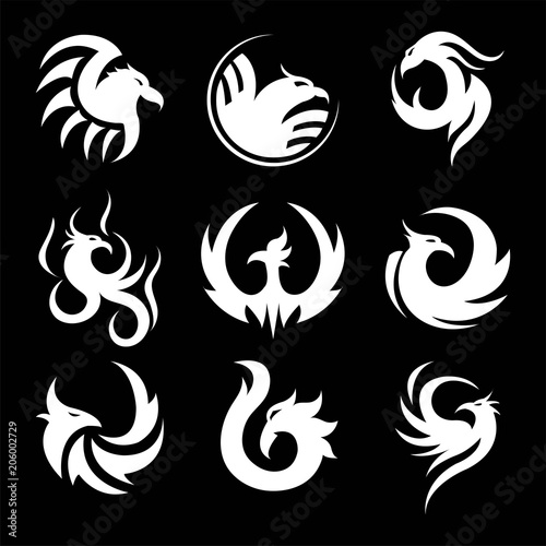 Phoenix swirly silhouettes small tattoo samples monochrome set