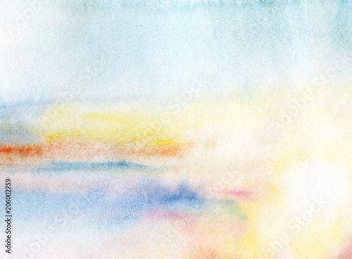 A hand painted watercolor background. Multicolored gradient in pastel colors: blue, turquoise, orange, ultramarine, yellow, white. Drawn on a textured paper.