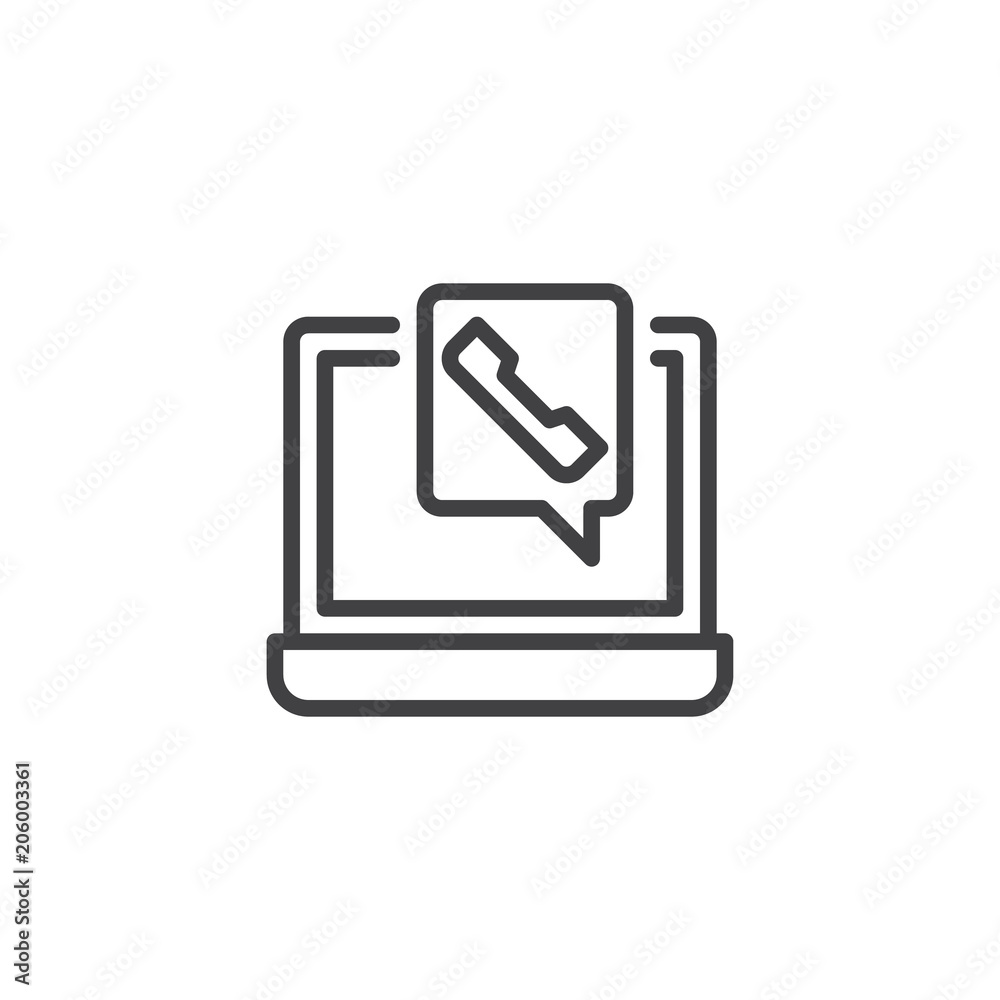 Laptop phone call outline icon. linear style sign for mobile concept and web design. Notebook with handset simple line vector icon. Symbol, logo illustration. Pixel perfect vector graphics Laptop phone call outline icon. linear style sign for mobile concept and web design. Notebook with handset simple line vector icon. Symbol, logo illustration. Pixel perfect vector graphics