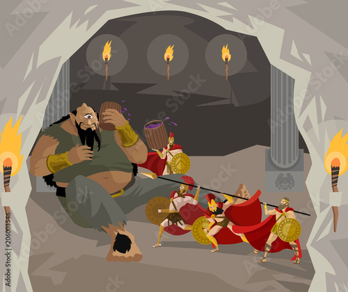 Odysseus and soldiers blinding polyphemus giant cyclops tale