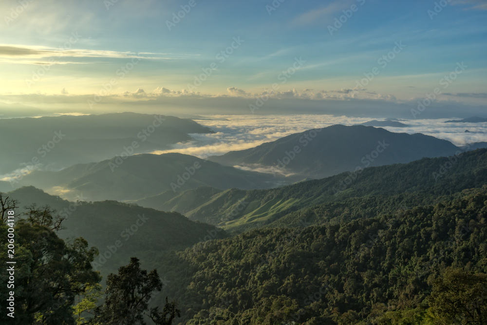 Fantastic morning mountain landscape, scenery of high green mountains, blue sky with clouds, beauty world.