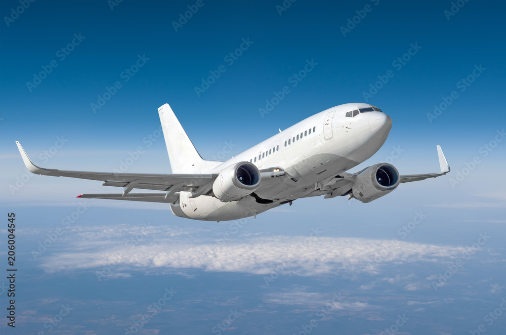 Fototapeta premium Samolot pasażerski lecący na poziomie lotu wysoko na niebie ponad chmurami.