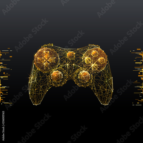 Joystick. Low poly wireframe illustration of computer games in gold style. Polygonal vector image in RGB color. Video games concept.