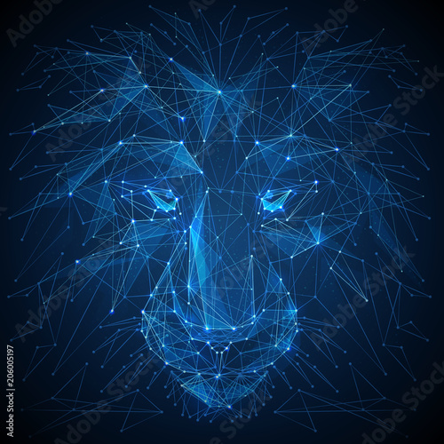 Abstract vector image of lion. Lion's head Low poly wire frame illustration. Lines and dots. RGB Color mode. Wild animals concept. Polygonal art.