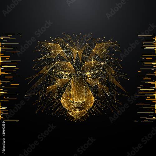 Lion. Low poly wireframe illustration of lion's head in gold style. Polygonal vector image in RGB color. Wild nature and animals concept.