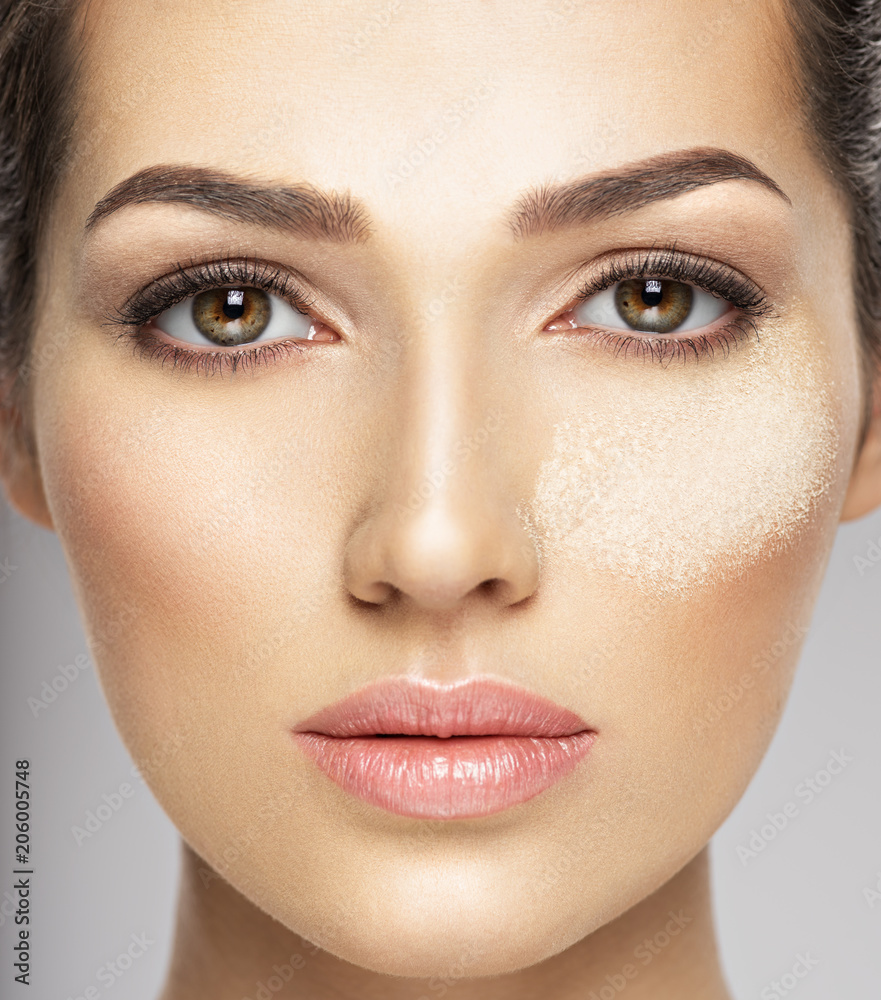dry cosmetic makeup powder is on the female face. dry cosmetic makeup powder is on the female face.
