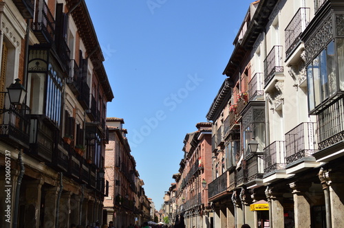 Wonderful Facades Of Houses Dating From The Middle Ages In The Main Street Of Alcala De Henares. Architecture Travel History. May 5, 2018. Alcala De Henares Madrid Spain. © Raul H