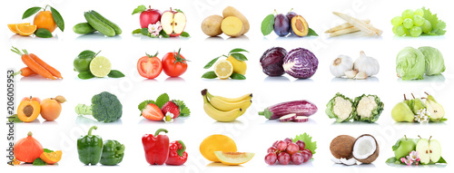 Obst und Gemüse Früchte viele Apfel Tomaten Orangen Salat Zitrone Farben Freisteller freigestellt isoliert