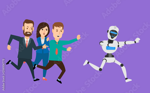 business people pursuing chasing a robot humanoid