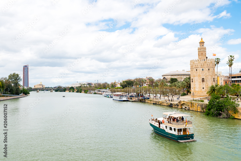 panoramic view of Torre del oro in Seville, Spain
