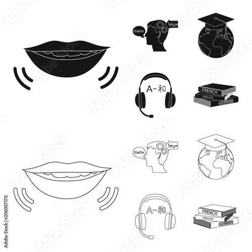 The mouth of the person speaking, the person head translating the text, the globe with the master cap, the headphones with the translation. Interpreter and translator set collection icons in black