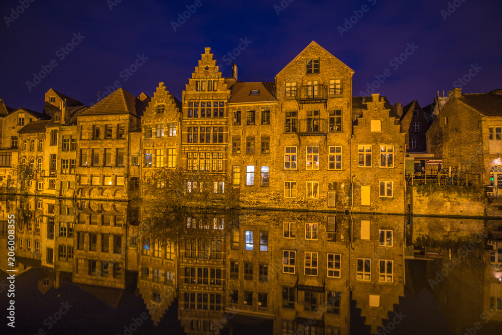 Old canals of Ghent at night in Belgium