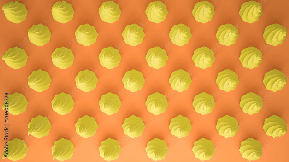 Flat colorful pop art composition with yellow party cupcakes, bakery goodies, on orange background, pattern texture copy space Flat colorful pop art composition with yellow party cupcakes, bakery goodies, on orange background, pattern texture copy space