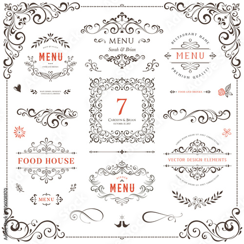 Ornate design elements set. Table numbers, wedding and restaurant menu templates. Vector flourishes, scrolls, frames.
