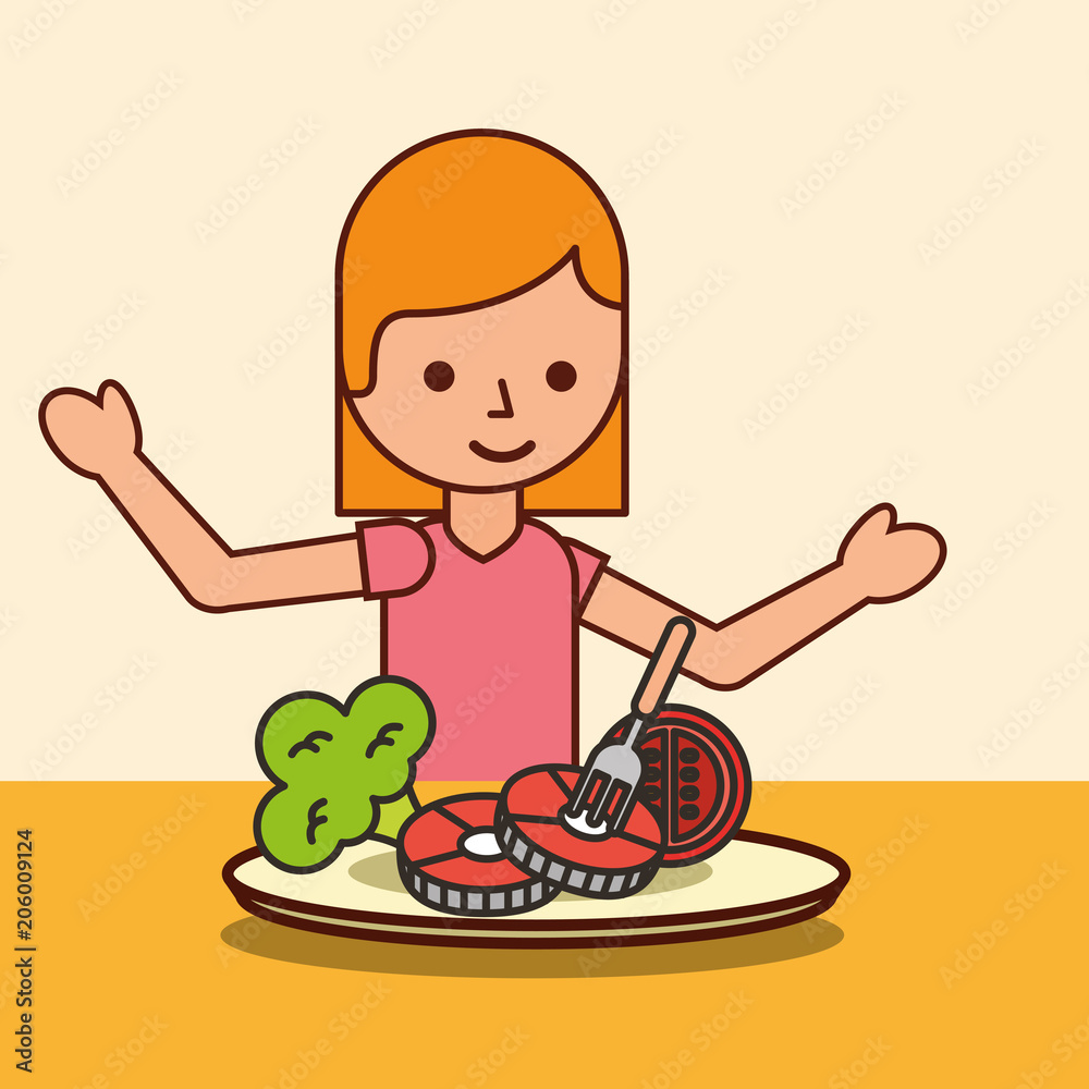 girl cartoon eating fish tomato broccoli vector illustration girl cartoon eating fish tomato broccoli vector illustration