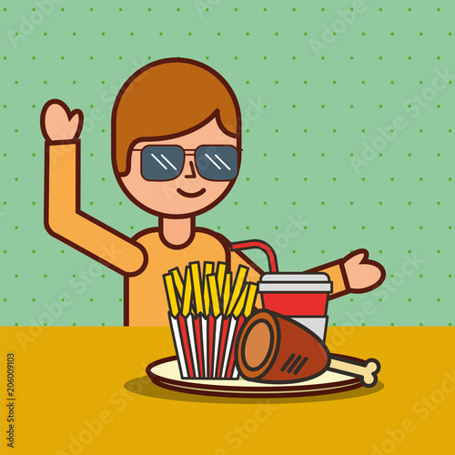 boy cartoon eating french fries chicken and soda vector illustration