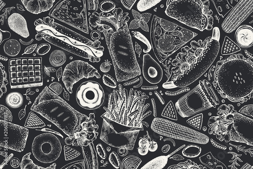 Fast food hand drawn vector seamless pattern. Street food background design template. Can be use for fast food restaurant or cafe menu or packaging design.