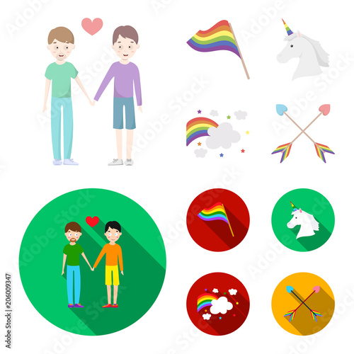 Flag, unicorn symbol, arrows with heart.Gay set collection icons in cartoon,flat style vector symbol stock illustration web.