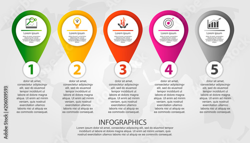 Modern vector illustration 3d. Timeline infographics template with five elements, steps. Contains icons and text. Designed for business, presentations, web design, diagrams with 5 steps