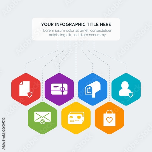 Flat geometric security, email, shopping infographic steps template with 7 options for presentations, advertising, annual reports