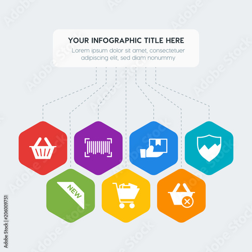 Flat geometric security, email, shopping infographic steps template with 7 options for presentations, advertising, annual reports