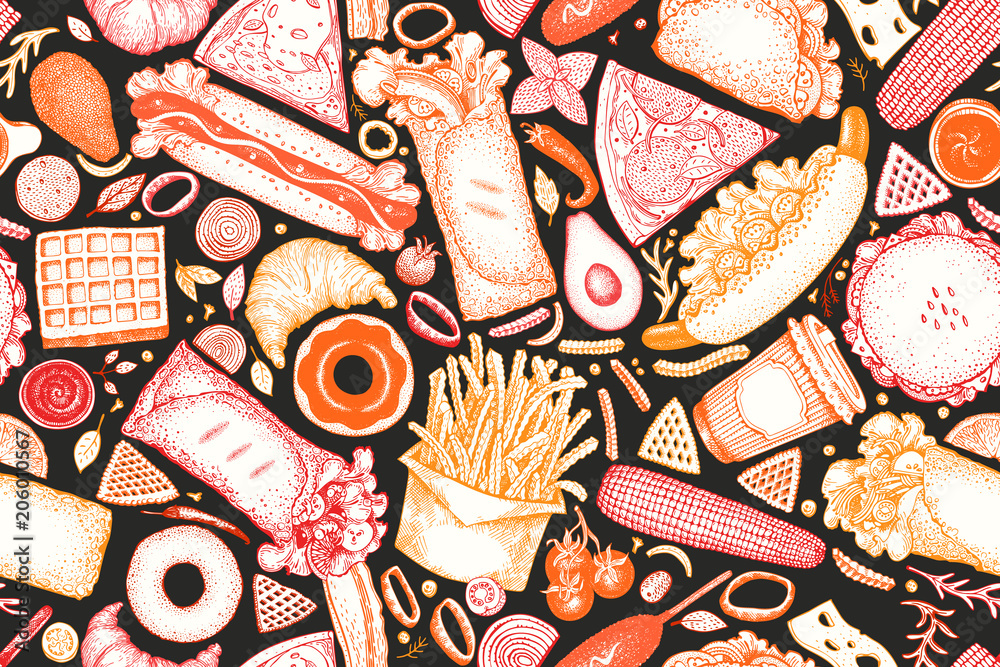 Fast food hand drawn vector seamless pattern. Street food background