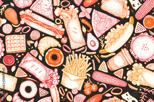 Fast food hand drawn vector seamless pattern. Street food background design template. Can be use for fast food restaurant or cafe menu or packaging design.
