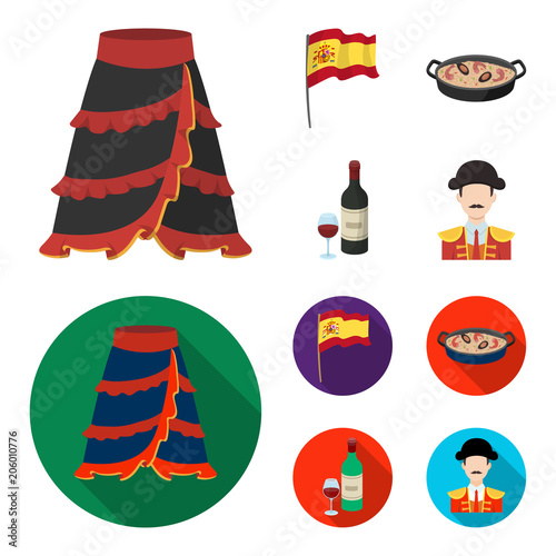 Flag with the coat of arms of Spain, a national dish with rice and tomatoes, a bottle of wine with a glass, a bullfighter, a matador. Spain country set collection icons in cartoon,flat style vector