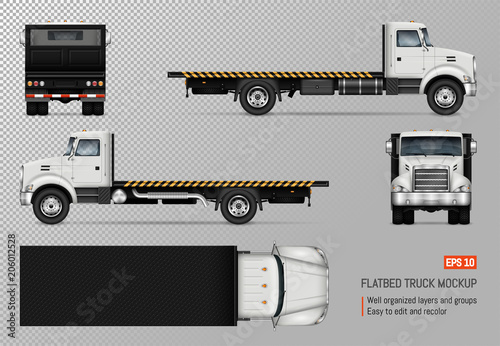 Flatbed truck vector mockup. Isolated template of the white lorry on transparent background for vehicle branding, corporate identity. View from left, right, front, back, and top sides.