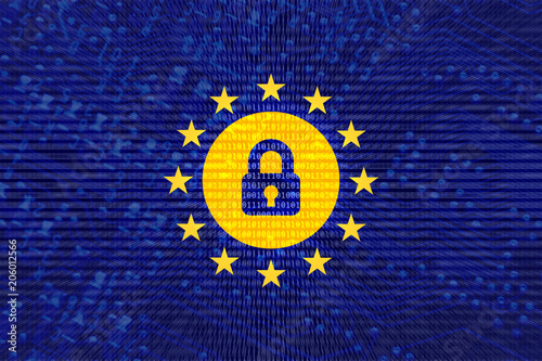 GDPR and privacy laws. European flag with stars and padlock to indicate new rules about privacy. Technology background.